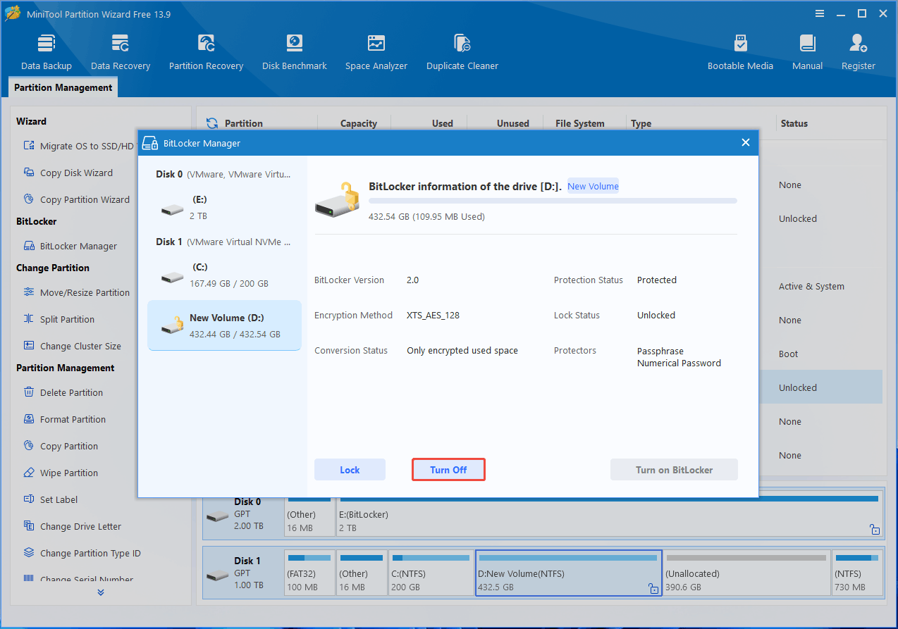 MiniTool Partition Wizard interface with the BitLocker Manager window and the selected Turn Off button.