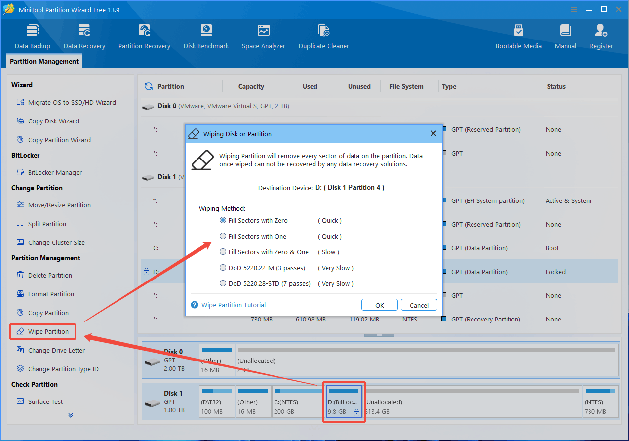 MiniTool Partition Wizard interface with the selected Wipe Partition feature and the Wiping Disk or Partition window.