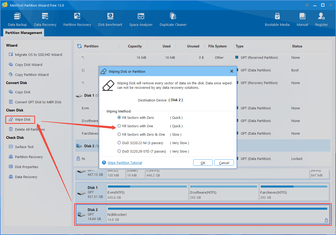 MiniTool Partition Wizard interface with the selected Wipe Disk feature and the Wiping Disk or Partition window.