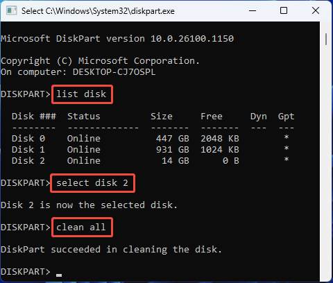 DiskPart window with the clean all command.
