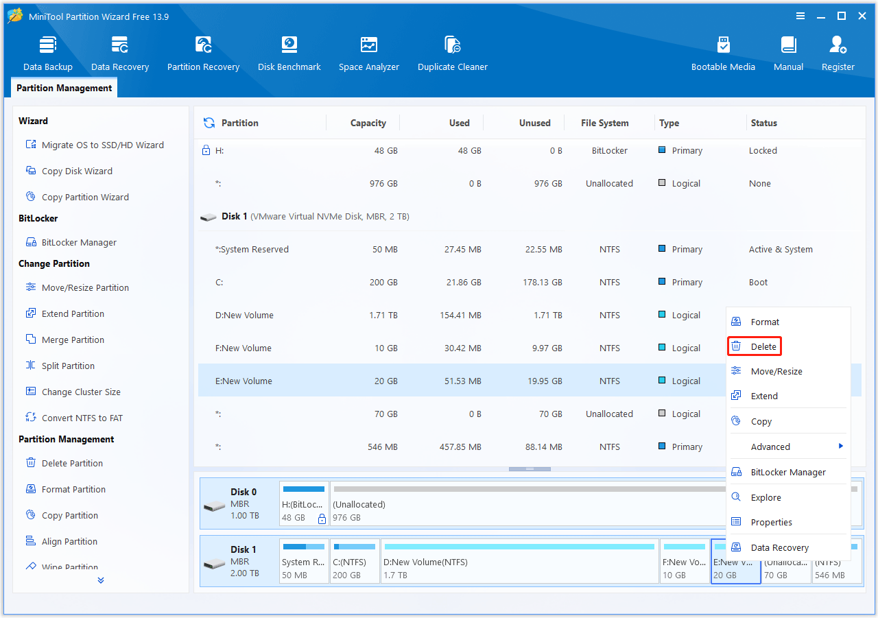 The MiniTool Partition Wizard interface with the Delete option selected.