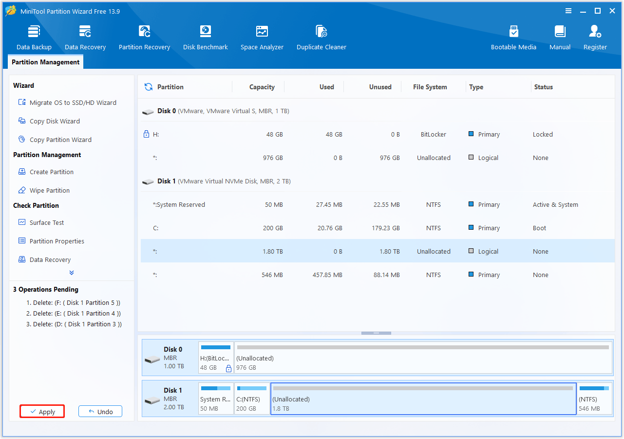 The MiniTool Partition Wizard interface with the Apply button selected.