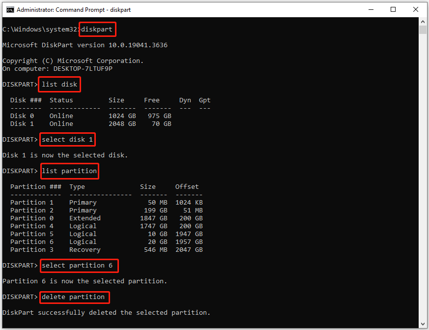 The Command Prompt window with the delete logical partition command is shown.