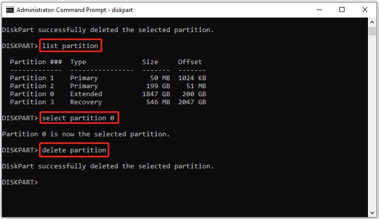 The Command Prompt window with the delete extended partition command is shown