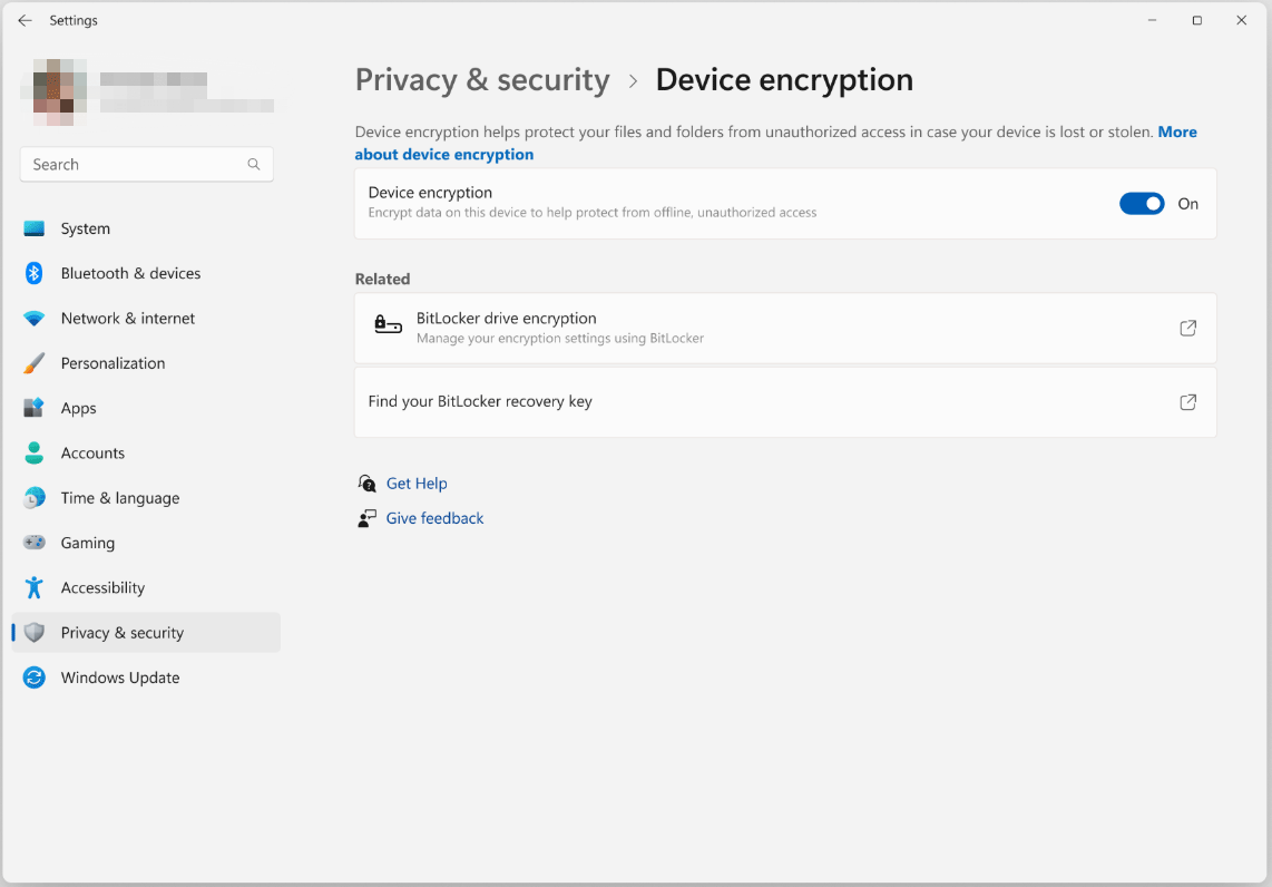 Alt=The Device encryption interface and enable Device encryption.