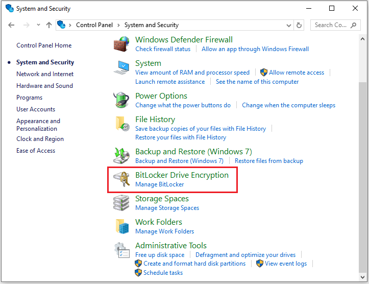 The System and Security interface with the selected BitLocker Drive Encryption option.