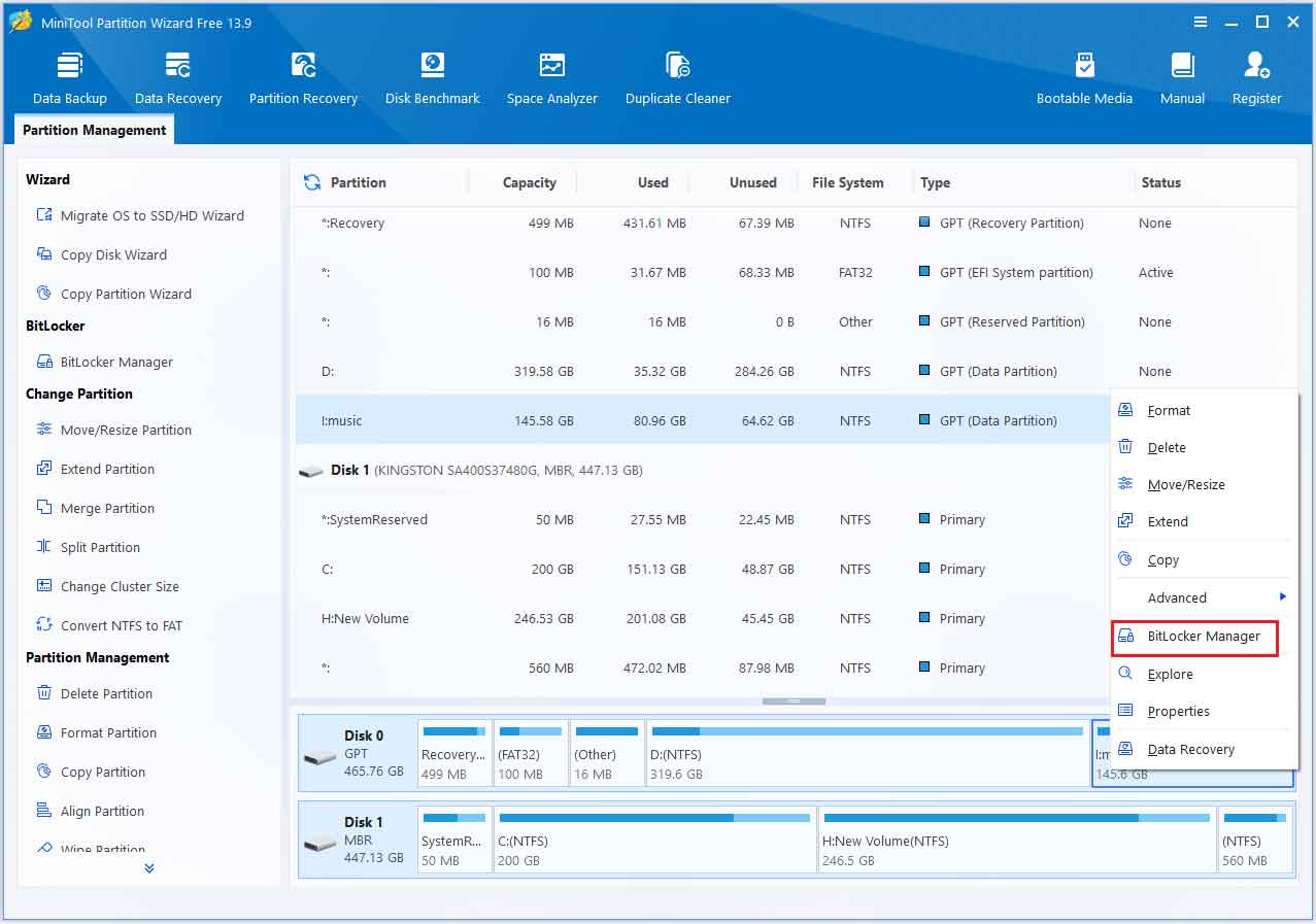 MiniTool Partition Wizard interface with BitLocker Manager from the right-click menu selected for the highlighted drive.