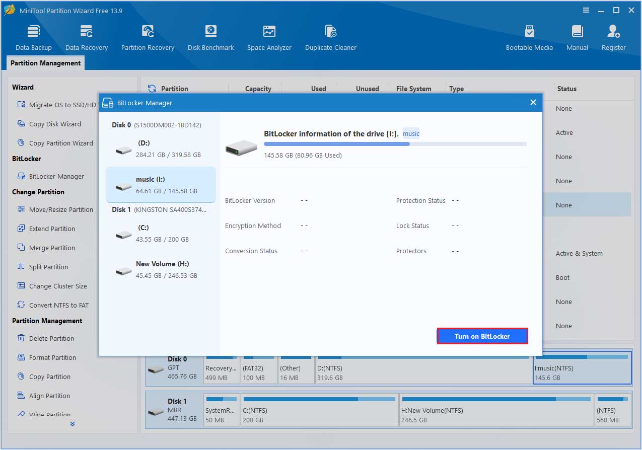 MiniTool Partition Wizard interface with BitLocker Manager window opened, and the Turn on BitLocker button highlighted.