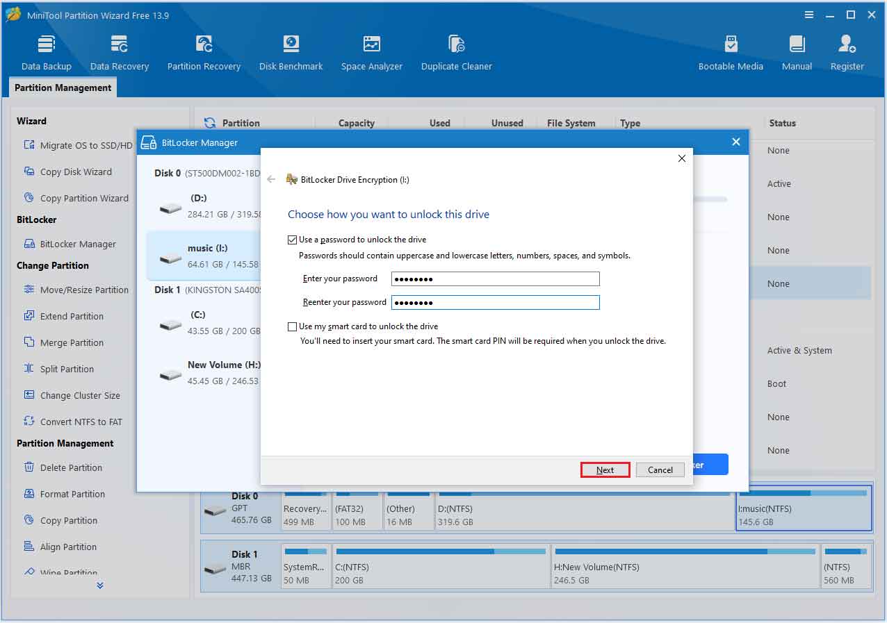 The BitLocker Drive Encryption window where to choose a method to unlock the drive.