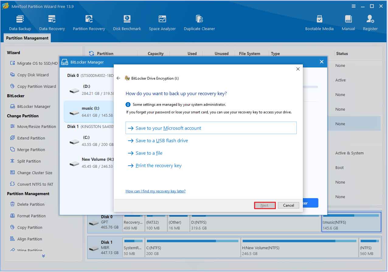 The BitLocker Drive Encryption window where to choose a method to save the recovery key.