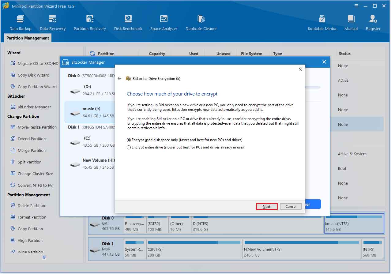The BitLocker Drive Encryption window where to choose how much of the drive to encrypt.