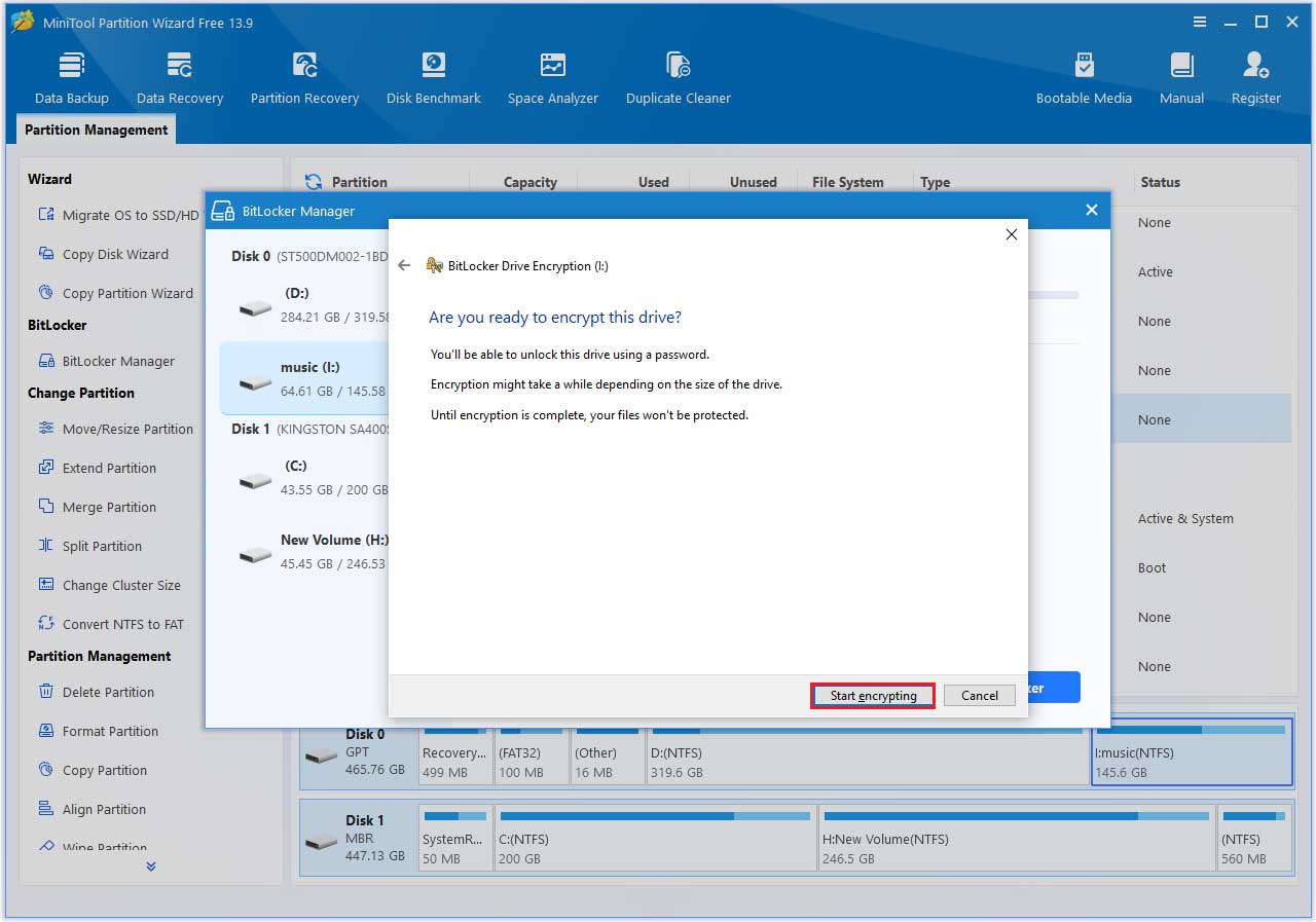 The BitLocker Drive Encryption window where the Start encrypting button is highlighted.