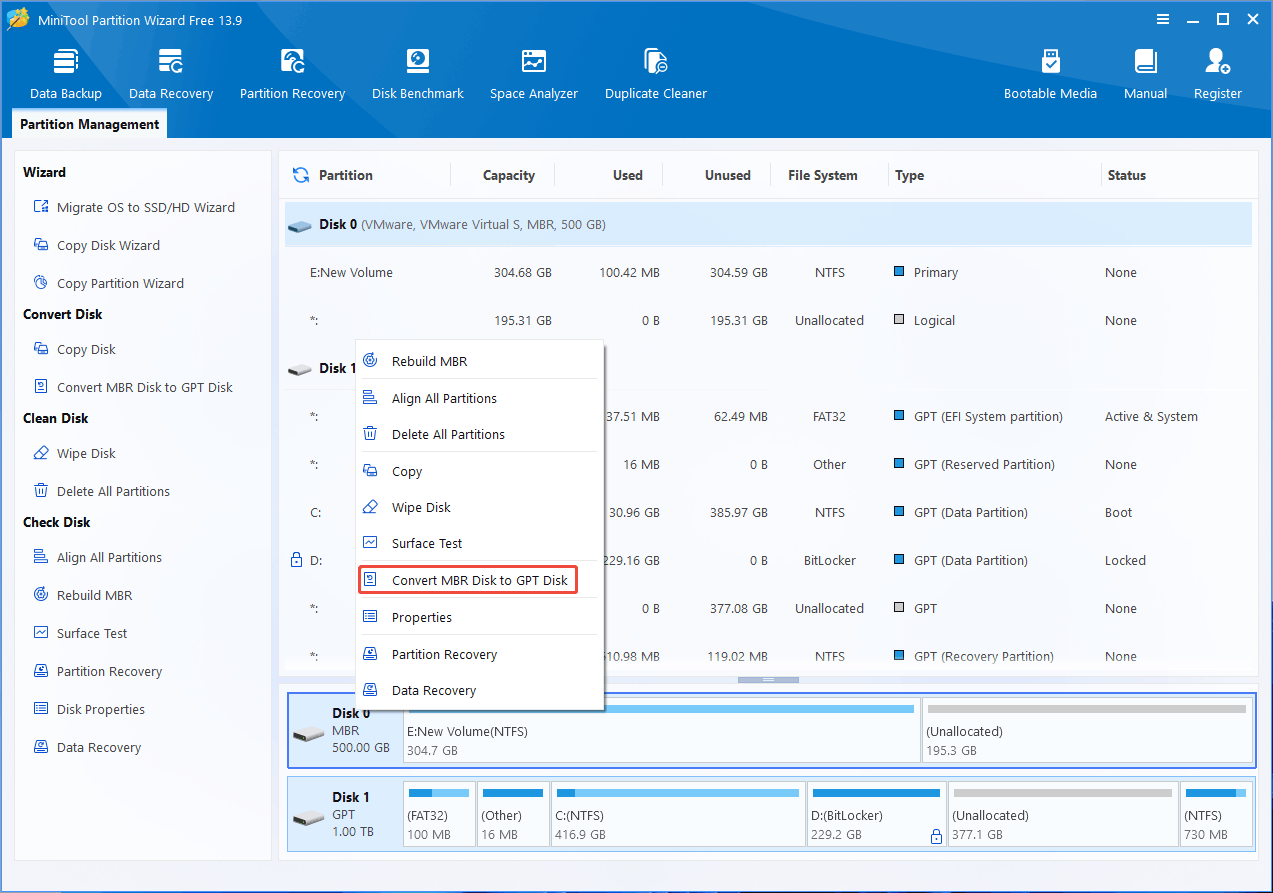MiniTool Partition Wizard interface with the selected Convert MBR Disk to GPT Disk option.