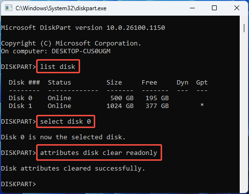 DiskPart interface with the attributes disk clear readonly command.