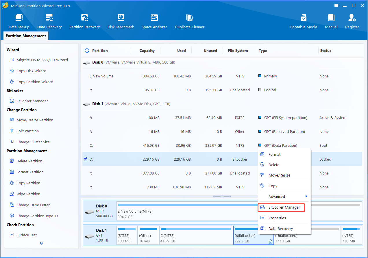 MiniTool Partition Wizard interface with the selected BitLocker Manager option.