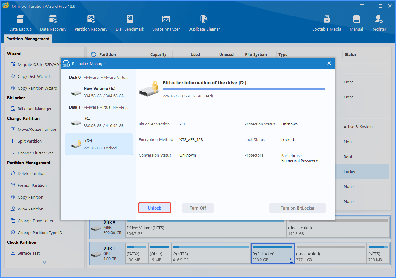 MiniTool Partition Wizard interface with the BitLocker Manager window and selected Unlock button.