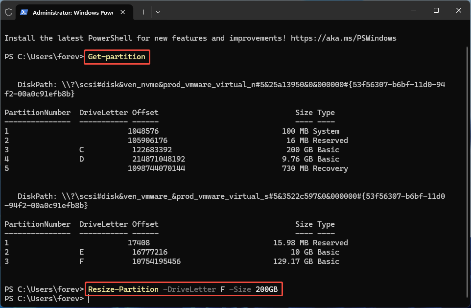 Windows PowerShell interface with the Get Partition and Resize Partition commands.