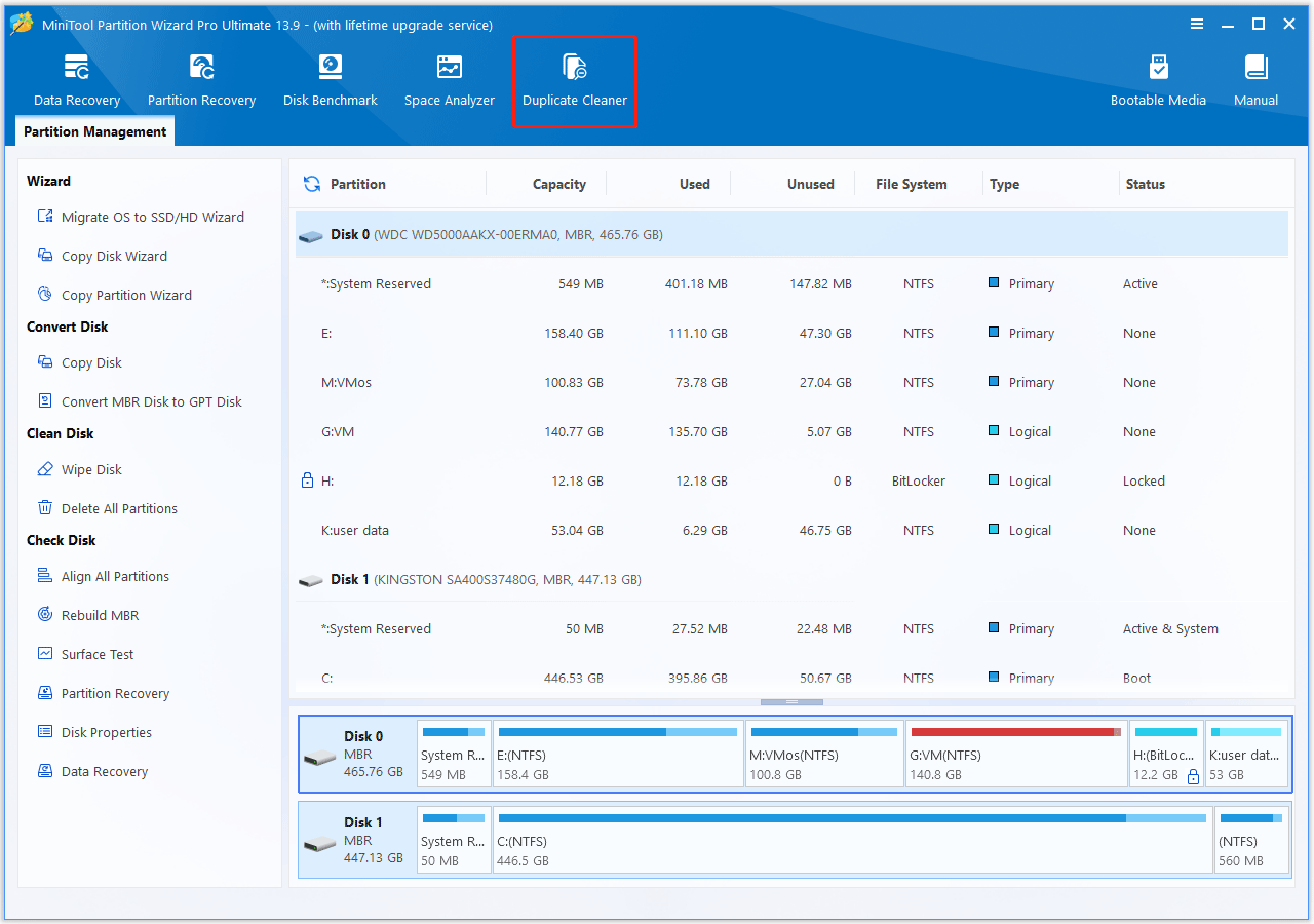 The MiniTool Partition Wizard interface with the Duplicate Cleaner option selected.