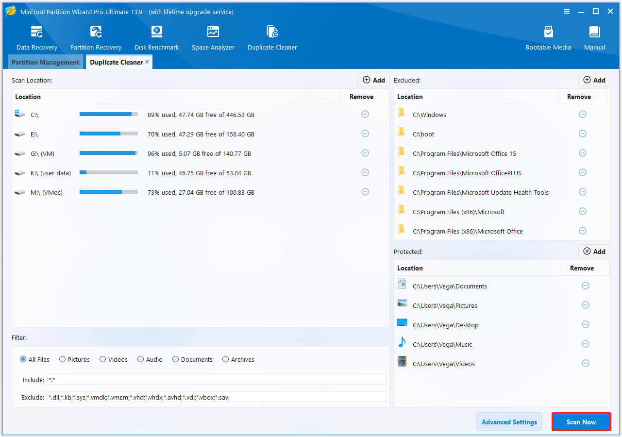 The MiniTool Partition Wizard interface with the Scan Now option selected.