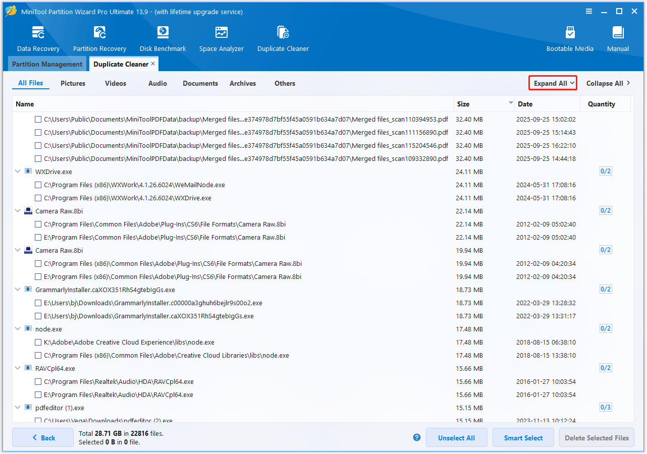 The MiniTool Partition Wizard interface with the Expand All option selected.