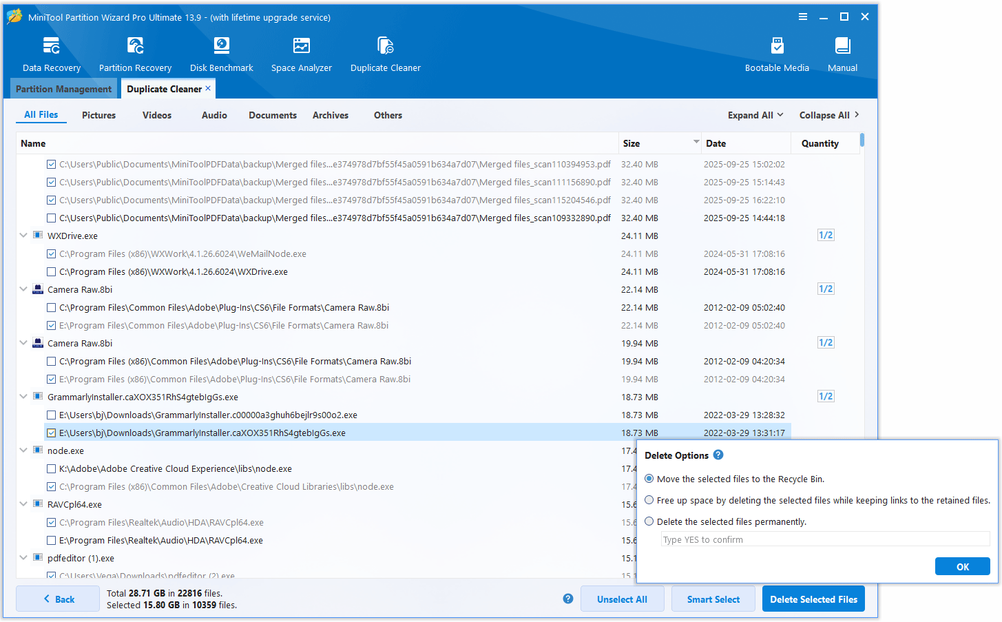 The MiniTool Partition Wizard interface with the delete options window shown.
