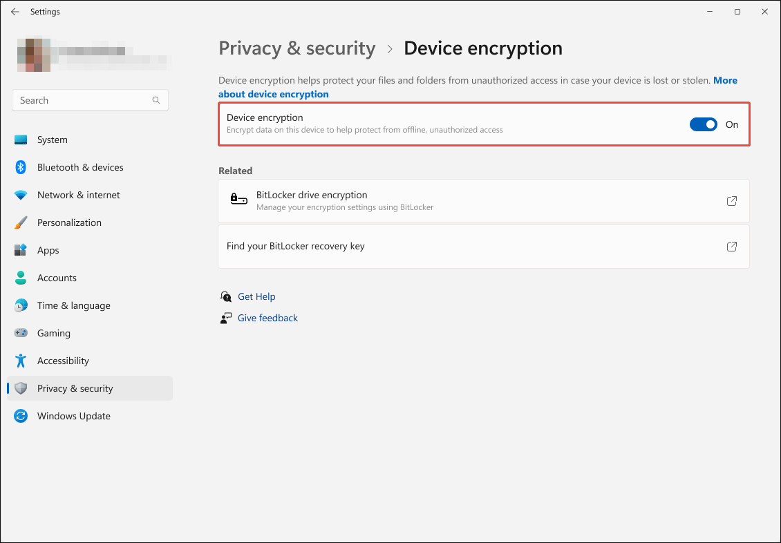 Windows 11 Settings Device encryption page with the enabled Device encryption feature.