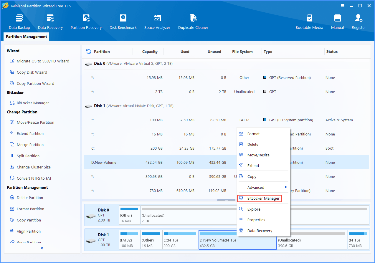 MiniTool Partition Wizard interface with the selected BitLocker Manager feature in the right click menu.