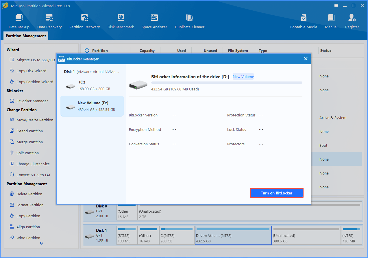 MiniTool Partition Wizard interface showing the BitLocker Manager window with the selected Turn on BitLocker button.