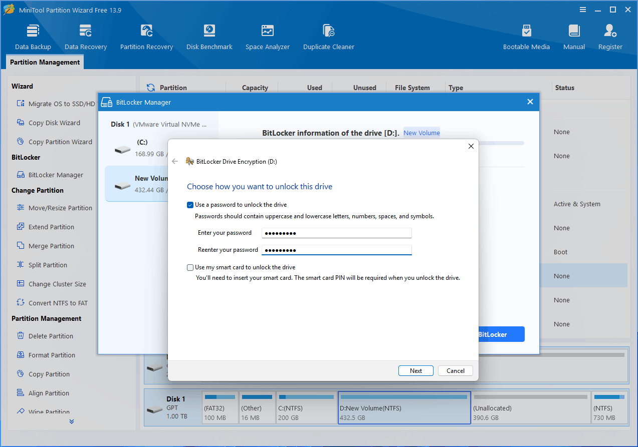 BitLocker Drive Encryption window asking you to choose how you want to unlock the drive.
