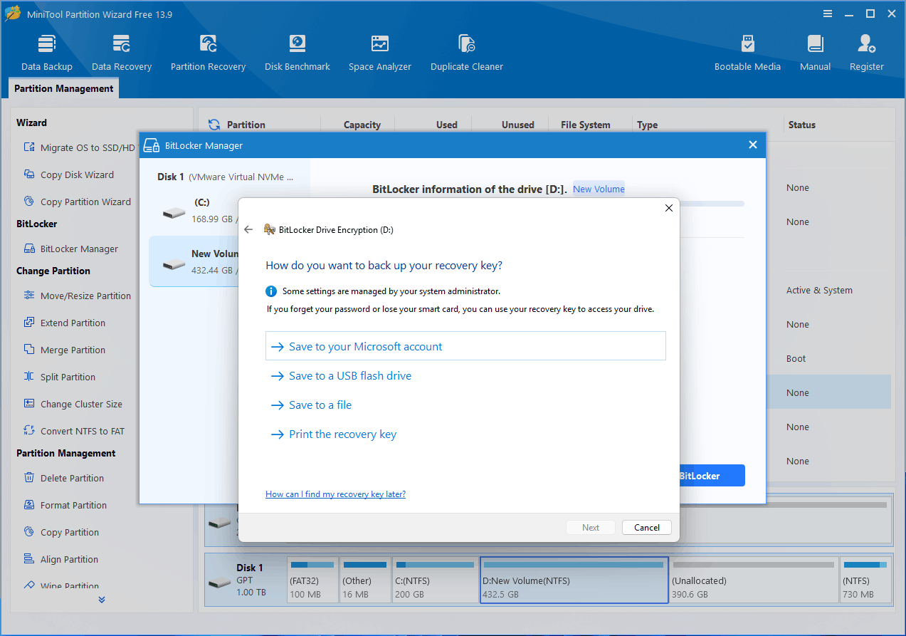BitLocker Drive Encryption window asking you to choose how you want to back up your recovery key.