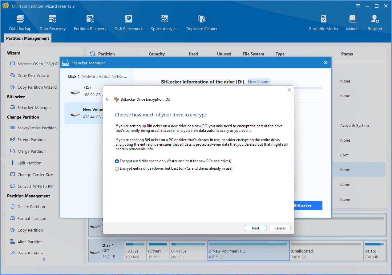 BitLocker Drive Encryption window asking you to choose how much of your drive to encrypt.