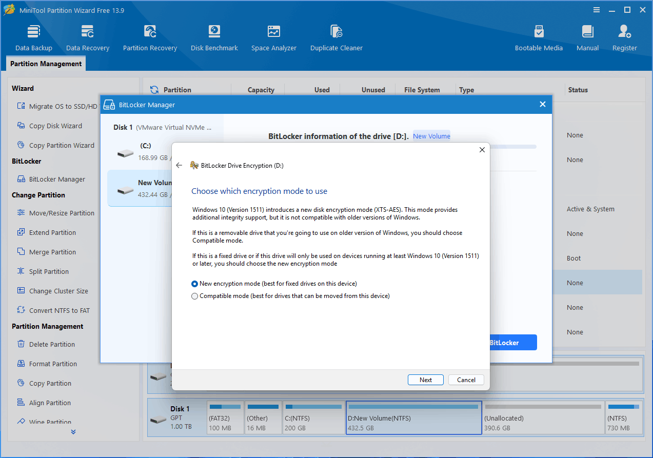 BitLocker Drive Encryption window asking you to choose an encryption mode.