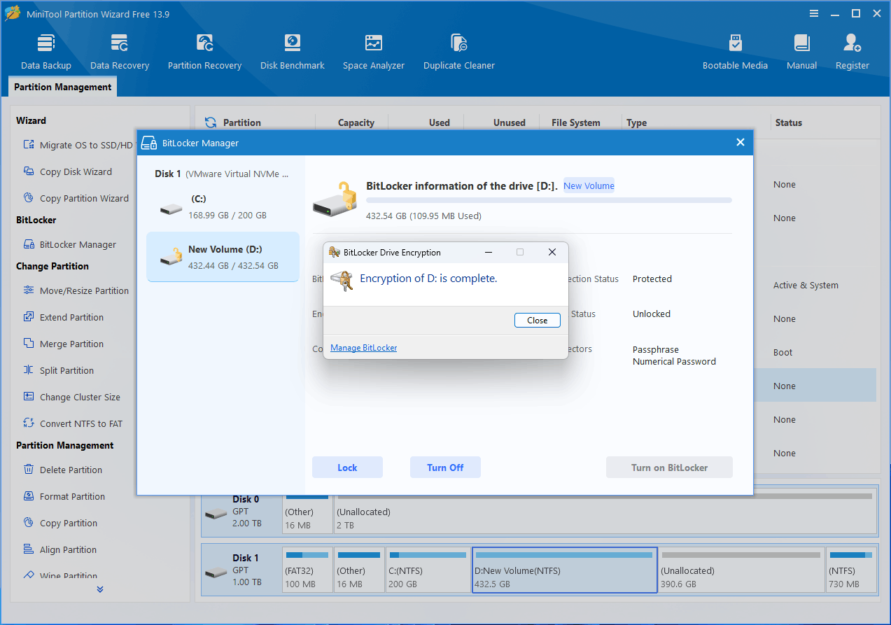 BitLocker Drive Encryption window showing the encryption is complete.