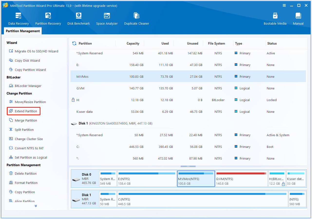 The MiniTool Partition Wizard interface with the Extend Partition option selected.