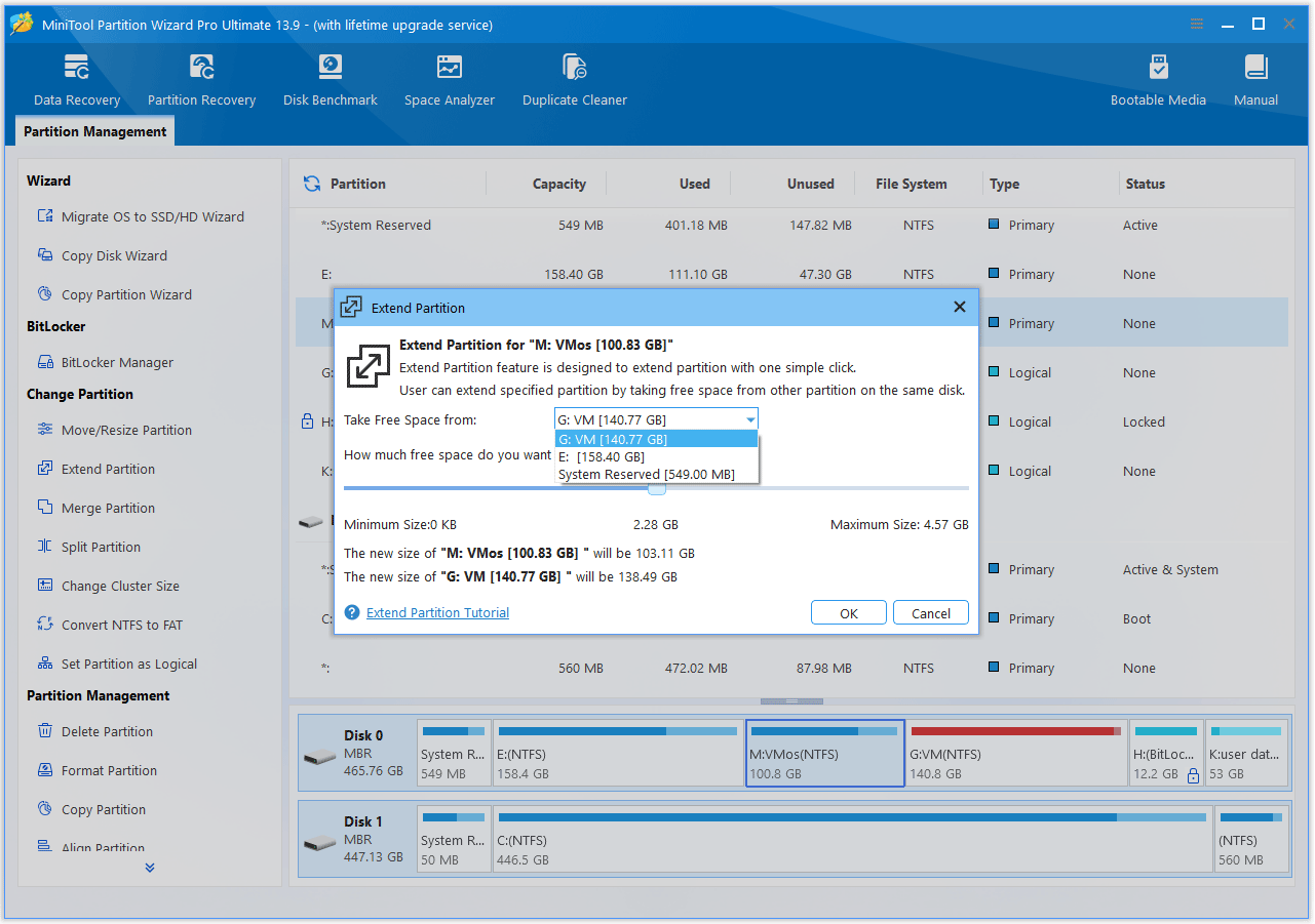 The MiniTool Partition Wizard interface with the Extend Partition window shown.