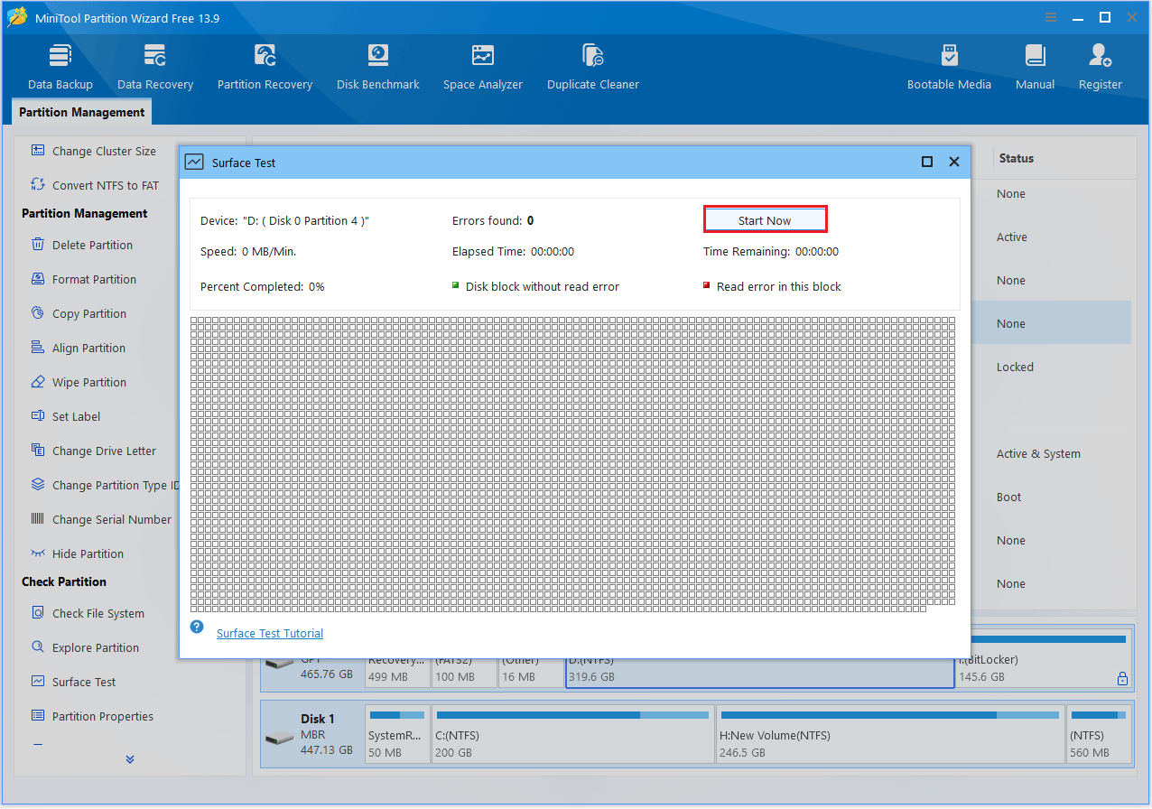 The Surface Test interface with the selected Start Now option.