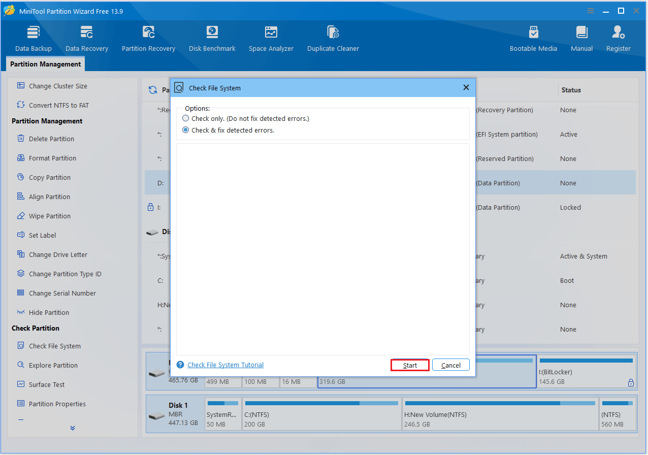The Check File System interface with the selected Start option.