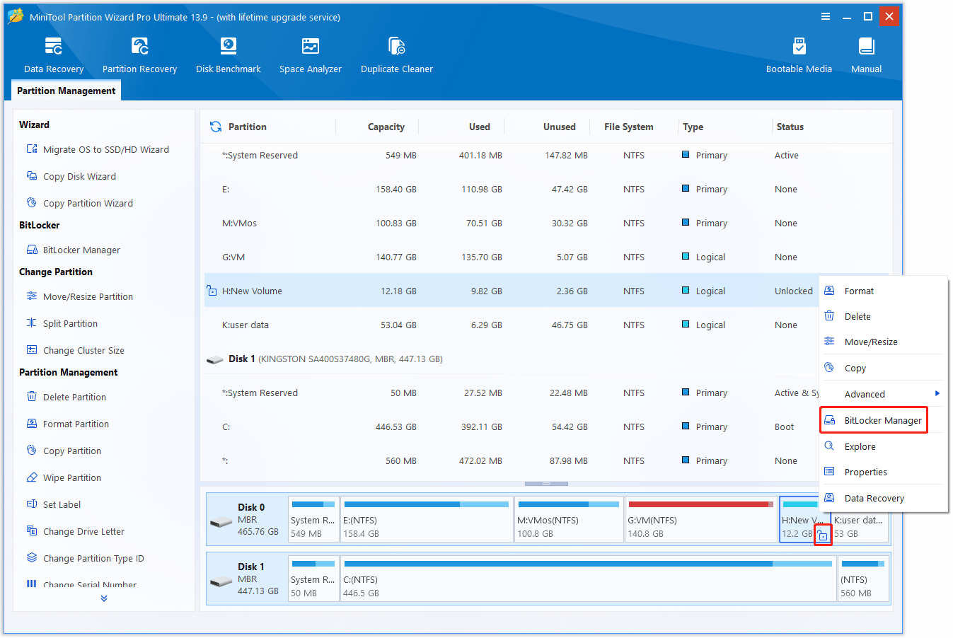 The MiniTool Partition Wizard interface with the lock icon and BitLocker Manager option selected.