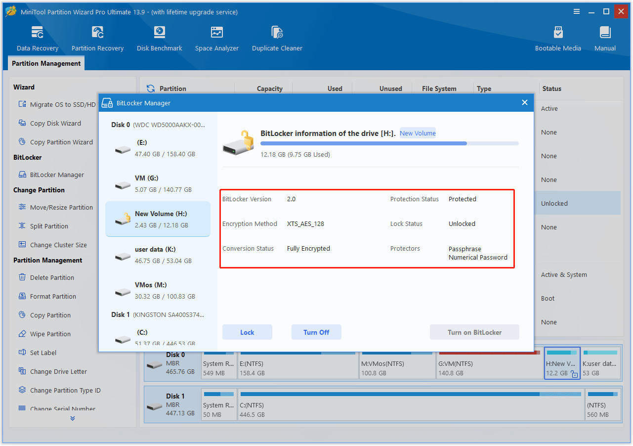 The MiniTool Partition Wizard interface with the BitLocker information shown.