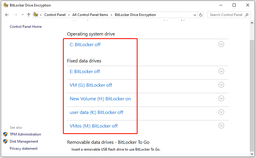 The BitLocker Drive Encryption window with each drive BitLocker status shown.