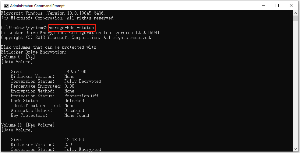 The Command Prompt window with the command to check the BitLocker status is shown.