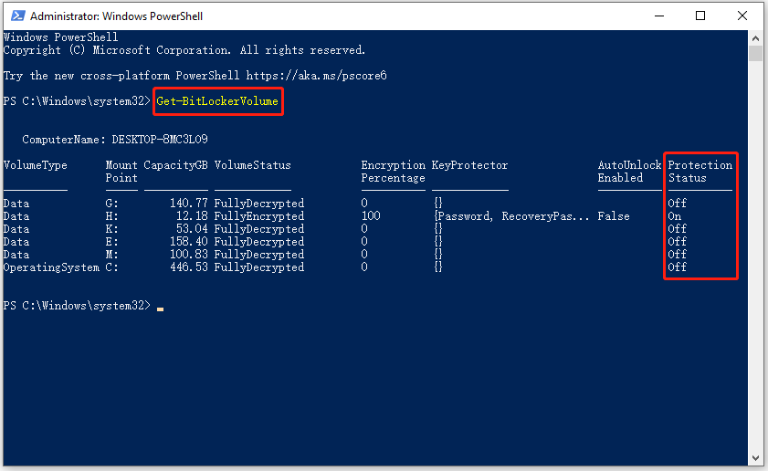 The Windows PowerShell window with the command to check BitLocker status is shown.