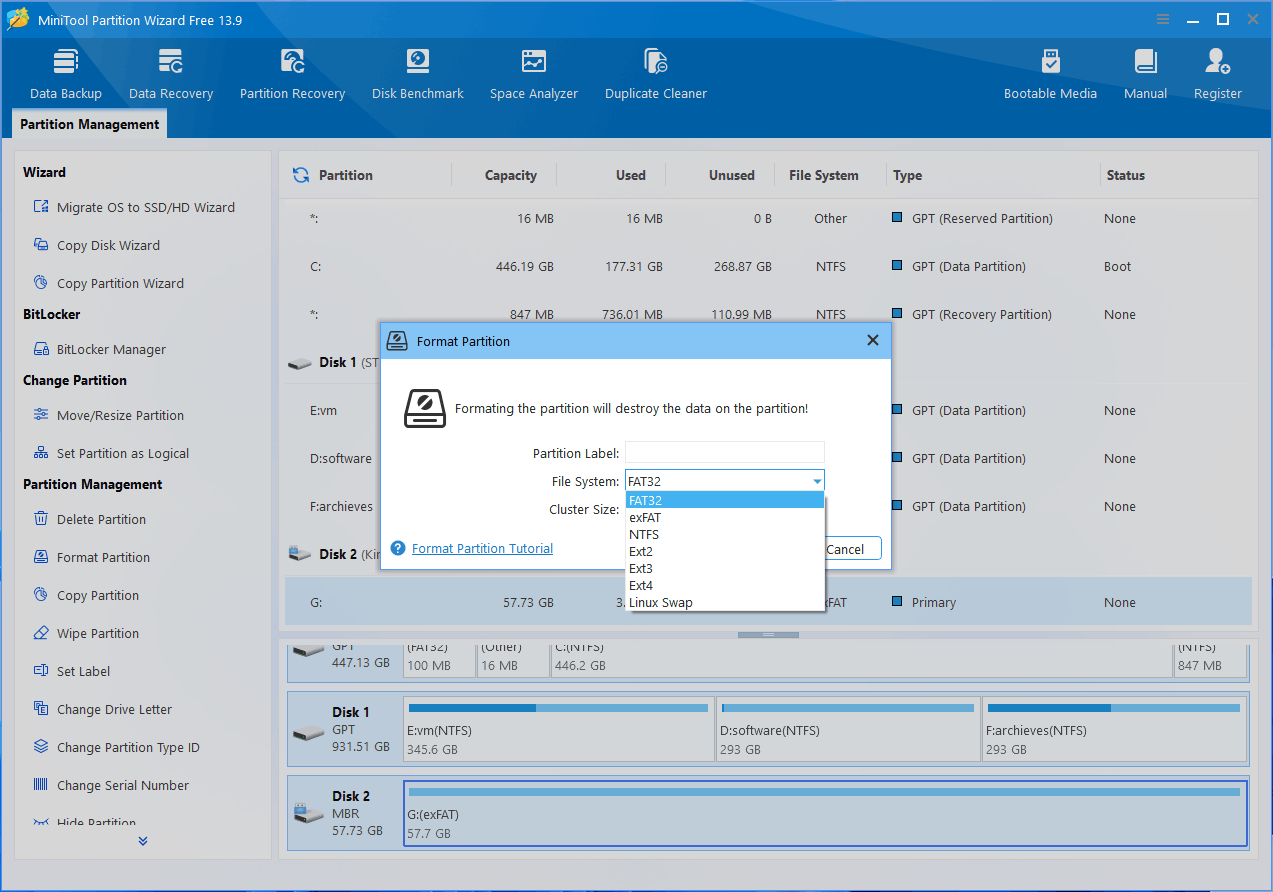 MiniTool Partition Wizard interface with the Format Partition window and selected FAT32 file system.