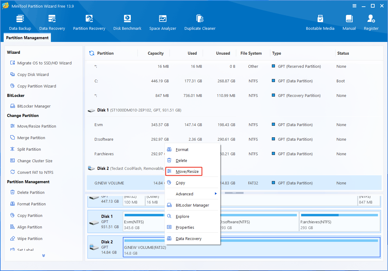MiniTool Partition Wizard interface with the selected Move Resize feature in the right click menu.