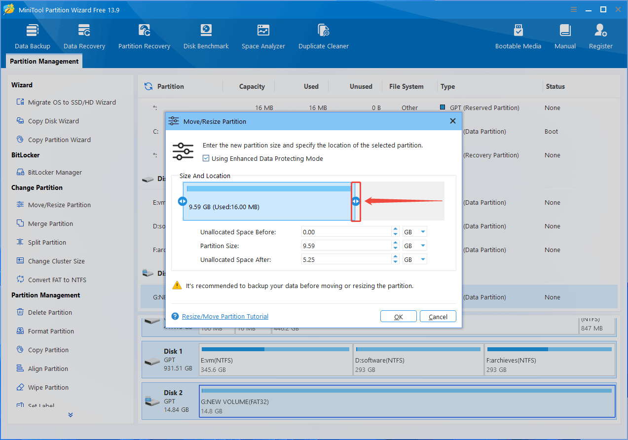 MiniTool Partition Wizard interface with the Move Resize Partition window.