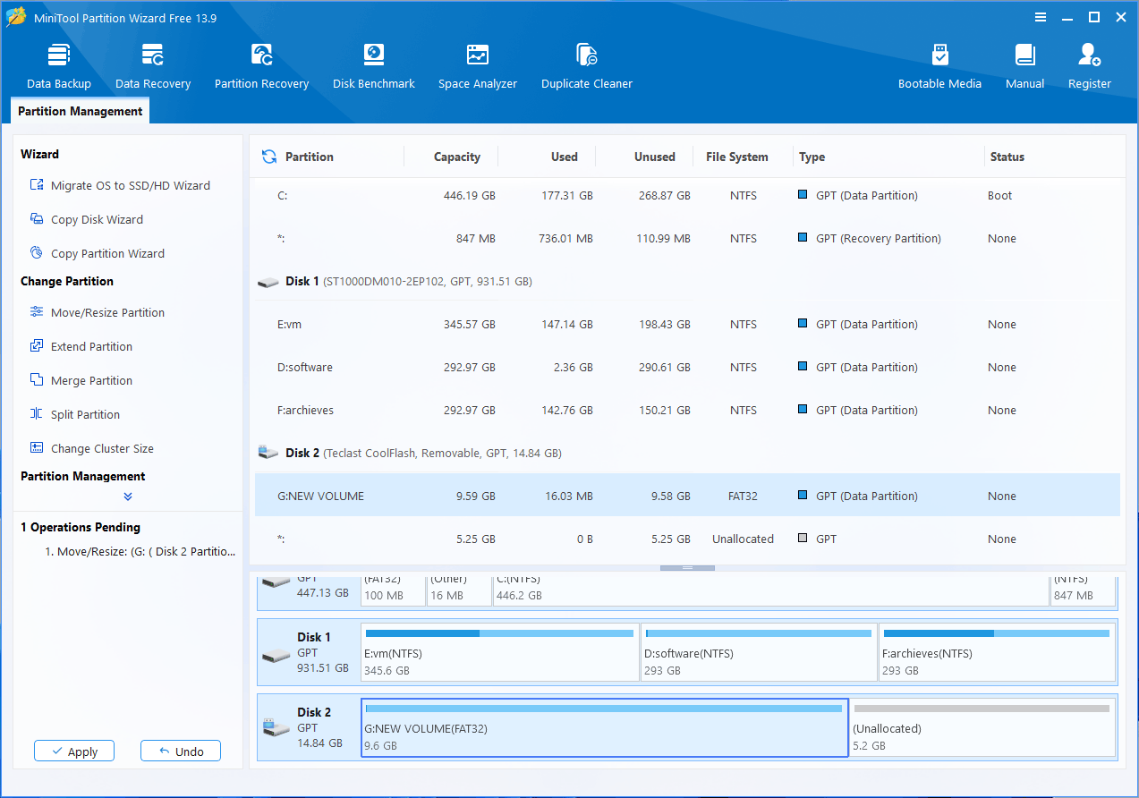 MiniTool Partition Wizard interface with the selected Apply button.