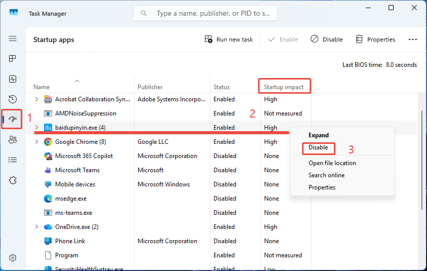 Task Manager interface showing the Startup apps page with the selected Disable option.