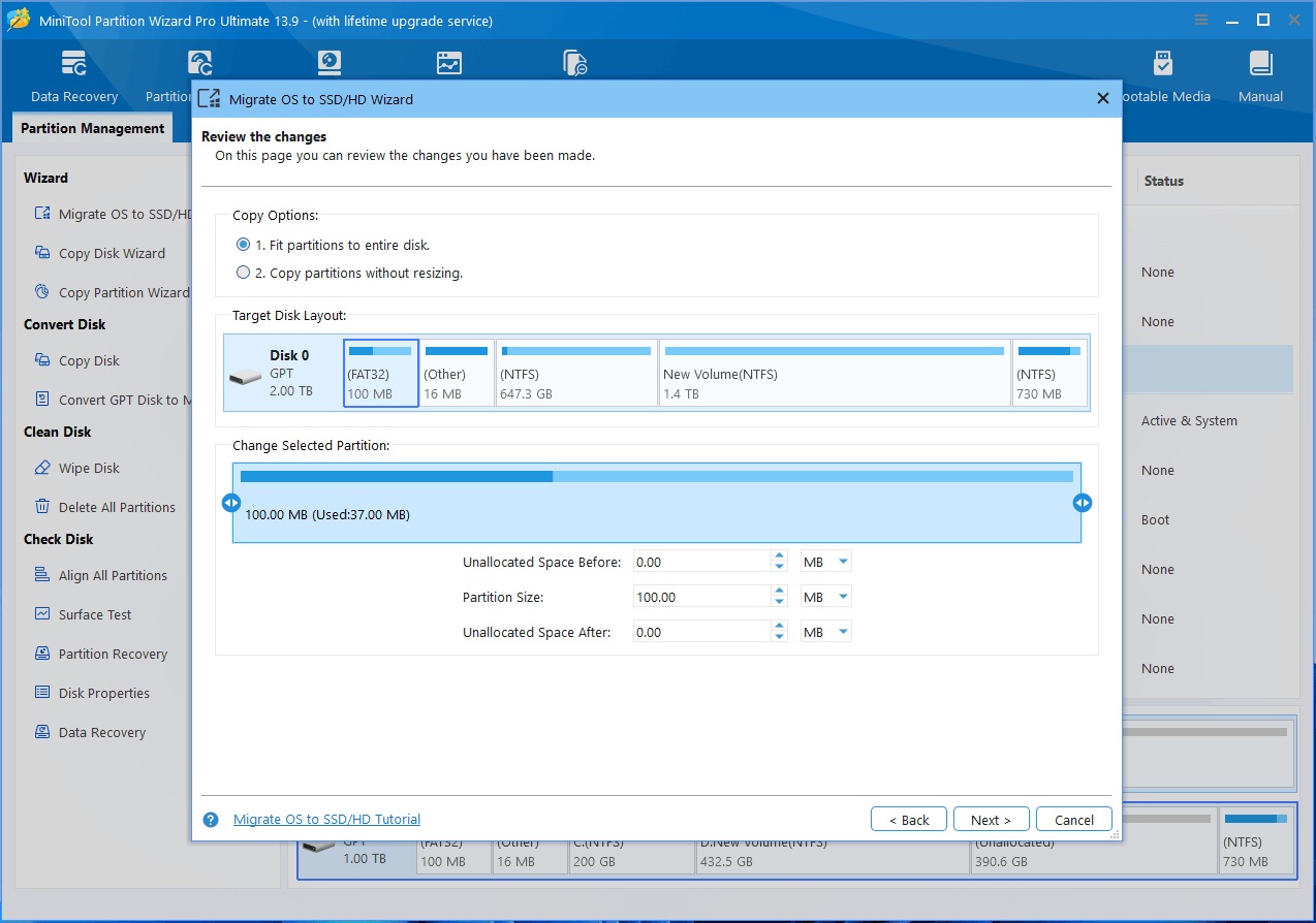 MiniTool Partition Wizard interface with OS migration wizard window asking you to review changes.