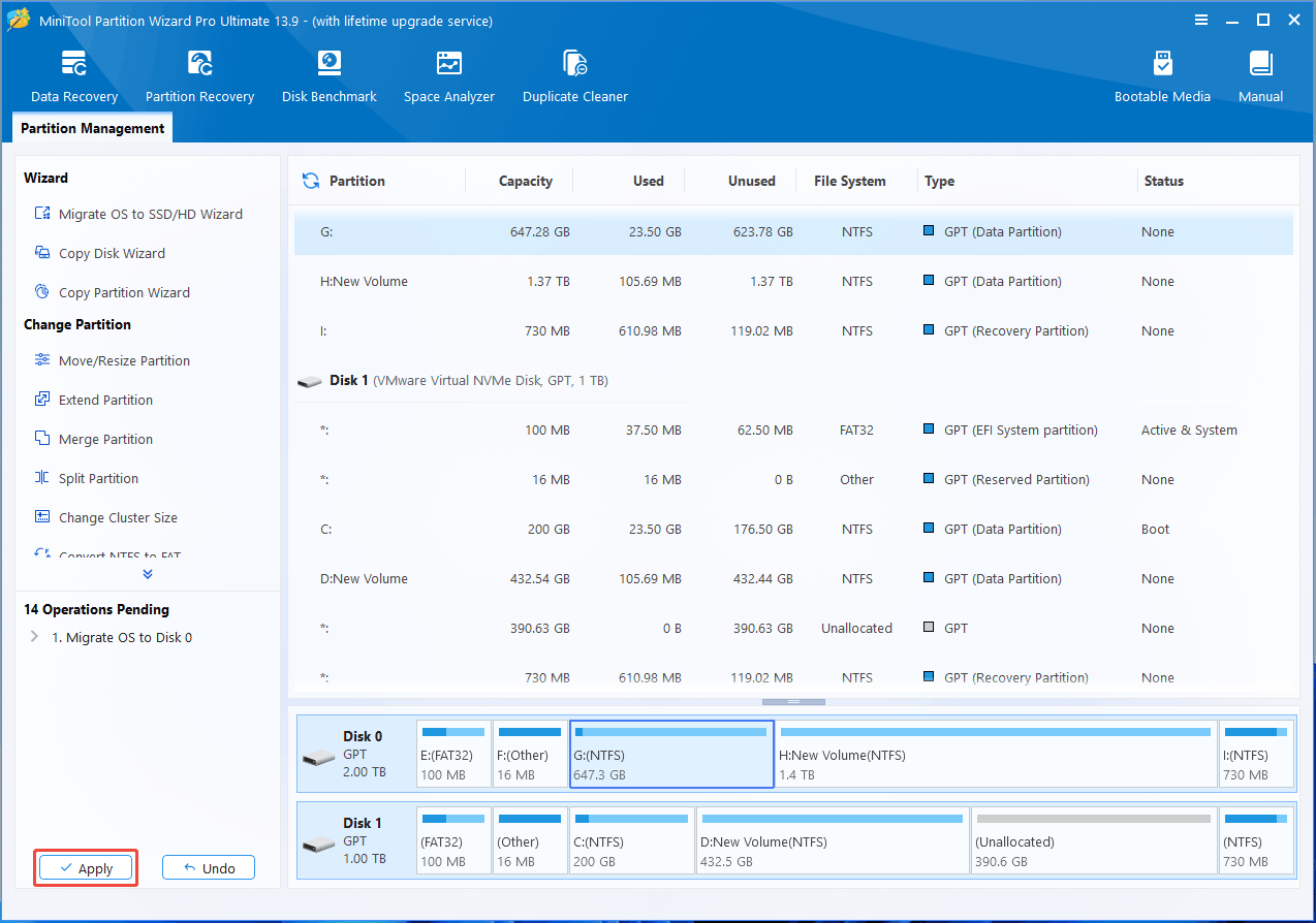 MiniTool Partition Wizard interface with the selected Apply button.