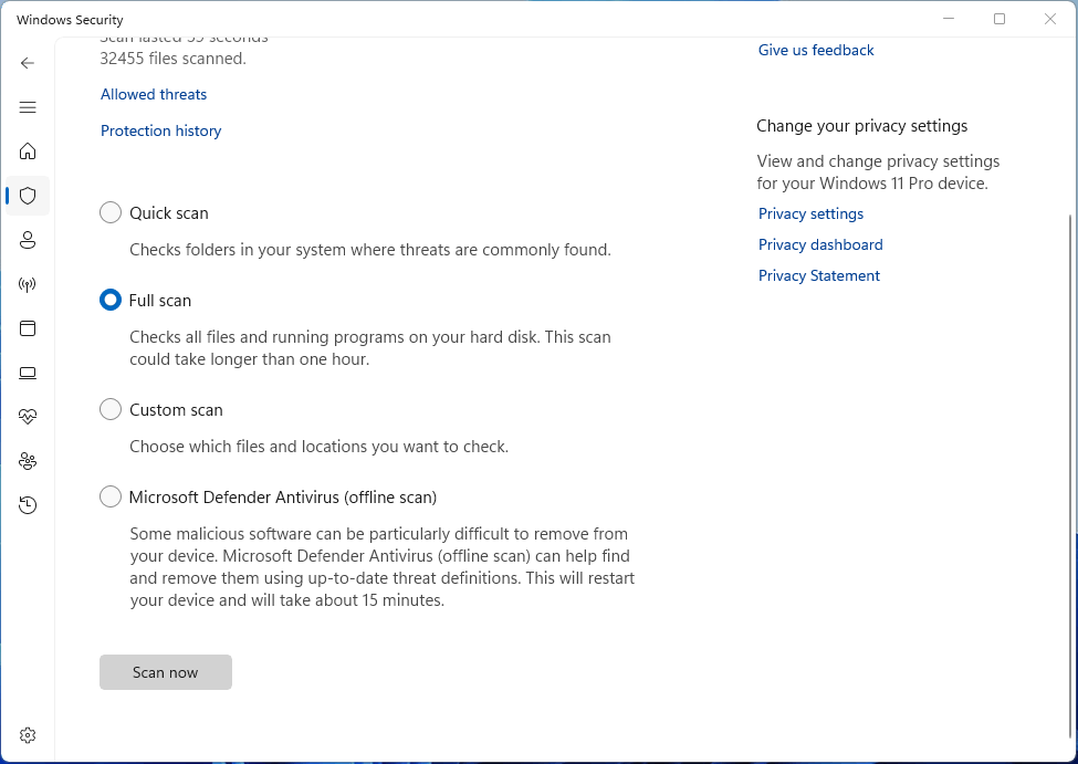 Windows Security window with the selected Full scan option.